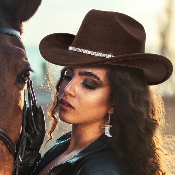 Cowgirl Hat and Earrings Set Polyester Rhinestone Western Accessories main image 5